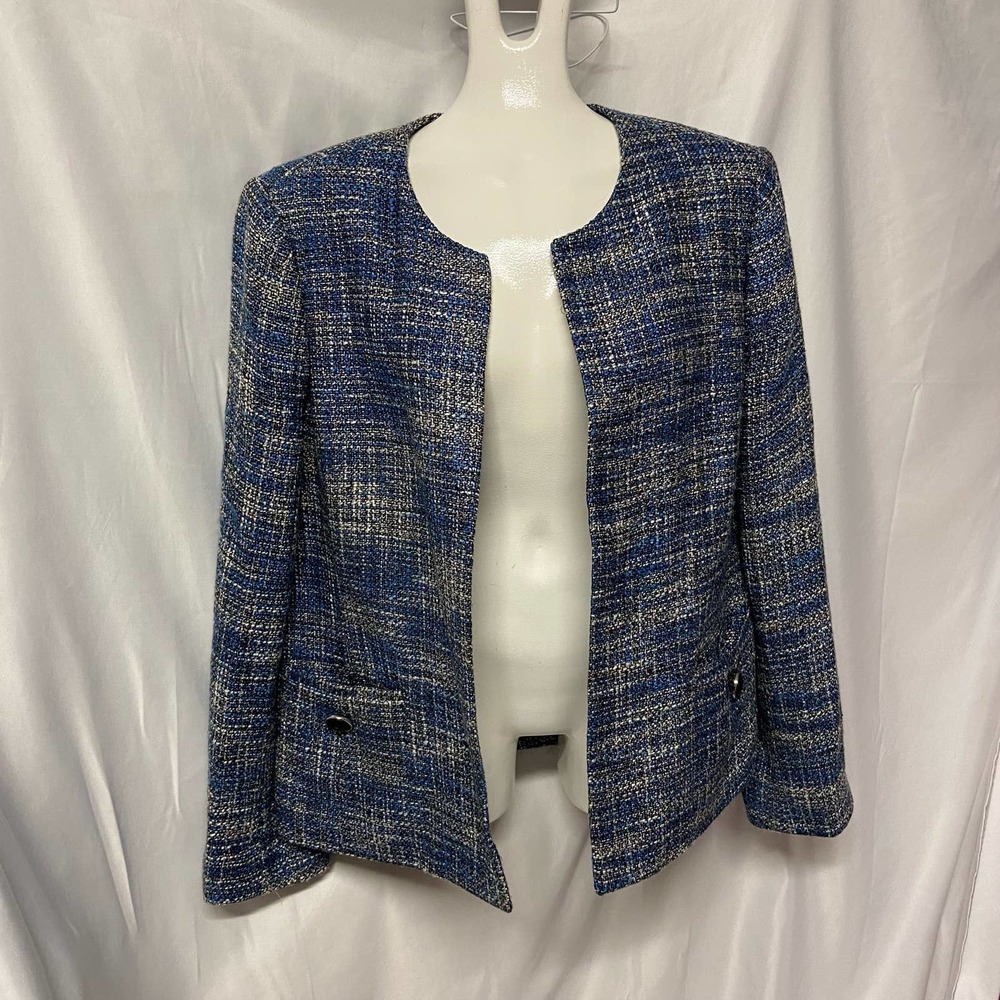 Kasper Jacket Size 12 Tweed Open Front Two Pocket Collarless Business or Casual